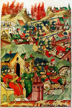 Страница Лицевого летописного свода, на которой изображены бедствия монголо-татарского нашествия. В левом верхнем углу—разграбление и сожжение Успенского собора во Владимире.