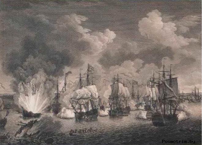 Чесменское сражение (гравюра на меди, выполненная в 1780 году). Летом 1770 года две русские эскадры уничтожили в Чесменской бухте турецкий флот, сами потеряв при этом только один линейный корабль.