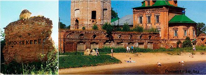 Руины часовни Спаса Убруса, древнейшей сохраняющейся постройки Усолья и Торговые ряды под колокольней.