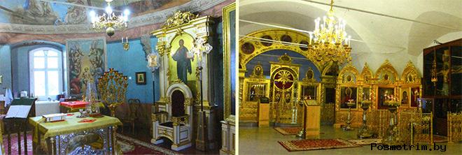 В алтаре главного храма и интерьер Боголюбского придела, справа - Животворящий Крест Господень.