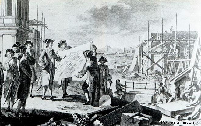 Строительство Петербурга.  Старинная гравюра 1703 года.