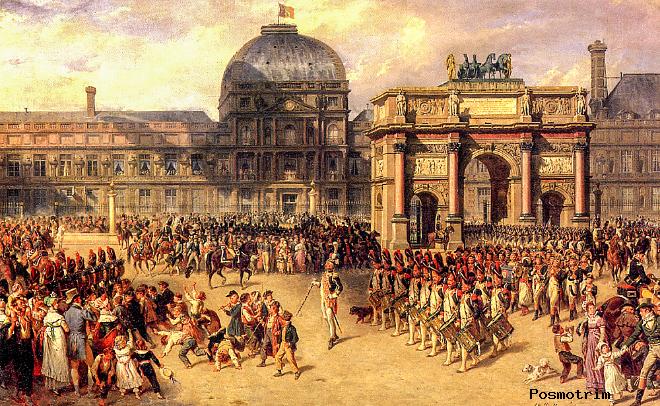 Парад на площади Каррузель в Париже, на заднем плане дворец Тюильри, сожжённый во время Комунны